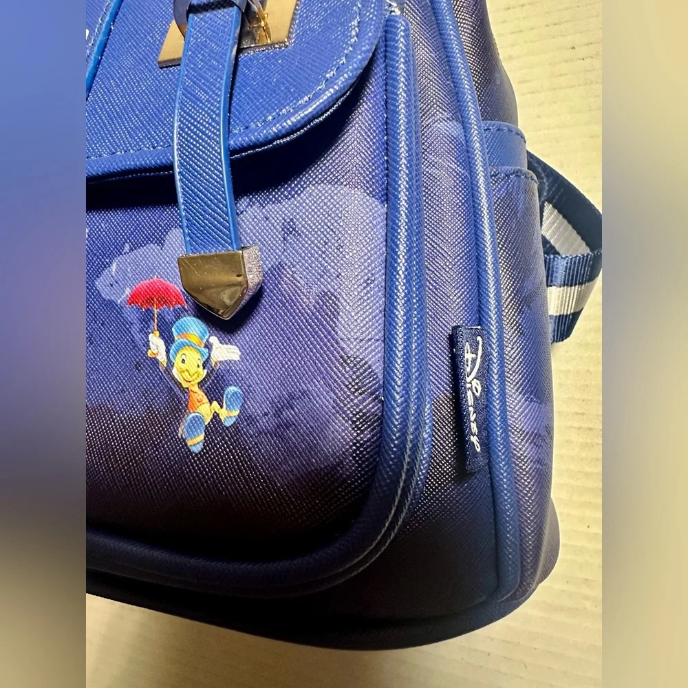 Disney‎ Pinocchio Purse Backpack 11″ Faux Leather Travel Blue Bag Jiminy Cricket
